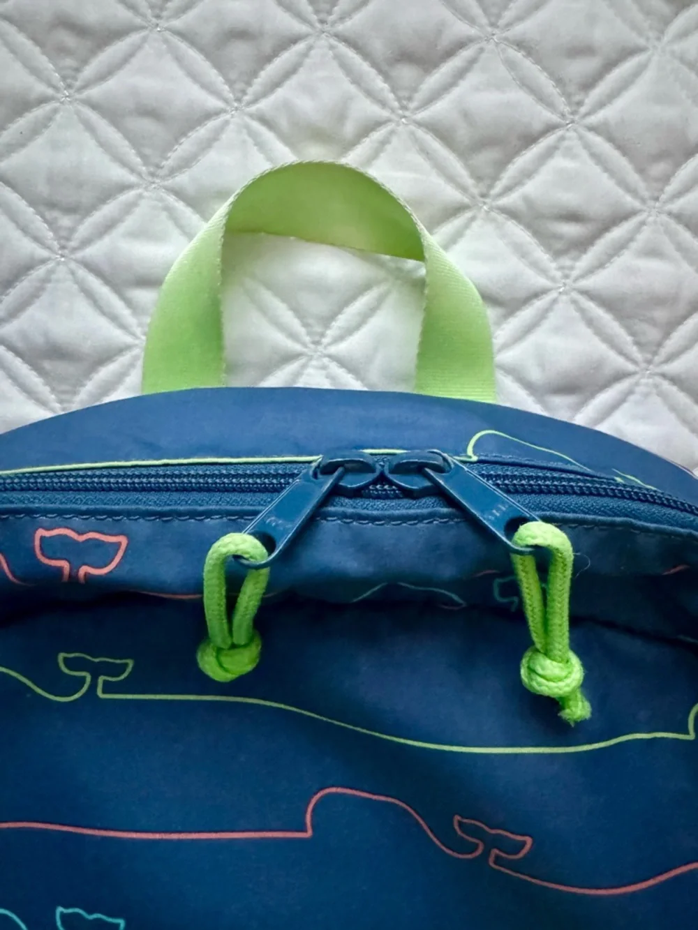 Vineyard Vines Kids Blue School Backpack Bookbag Neon Green and Whale Lines